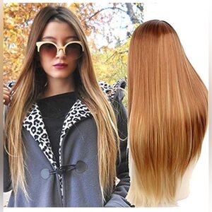 Netgo Blonde Ombre Wig Dark Roots Long Straight Black To Brown Synthetic